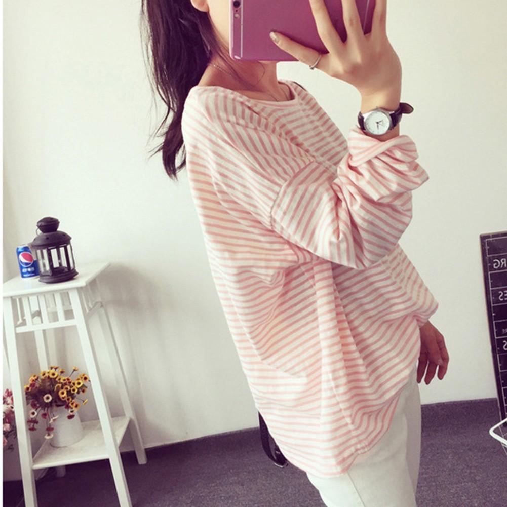 Áo Thun Tay Dài Dáng Rộng Cổ Tròn Hoạ Tiết Kẻ Sọc Cho Phái Nữ