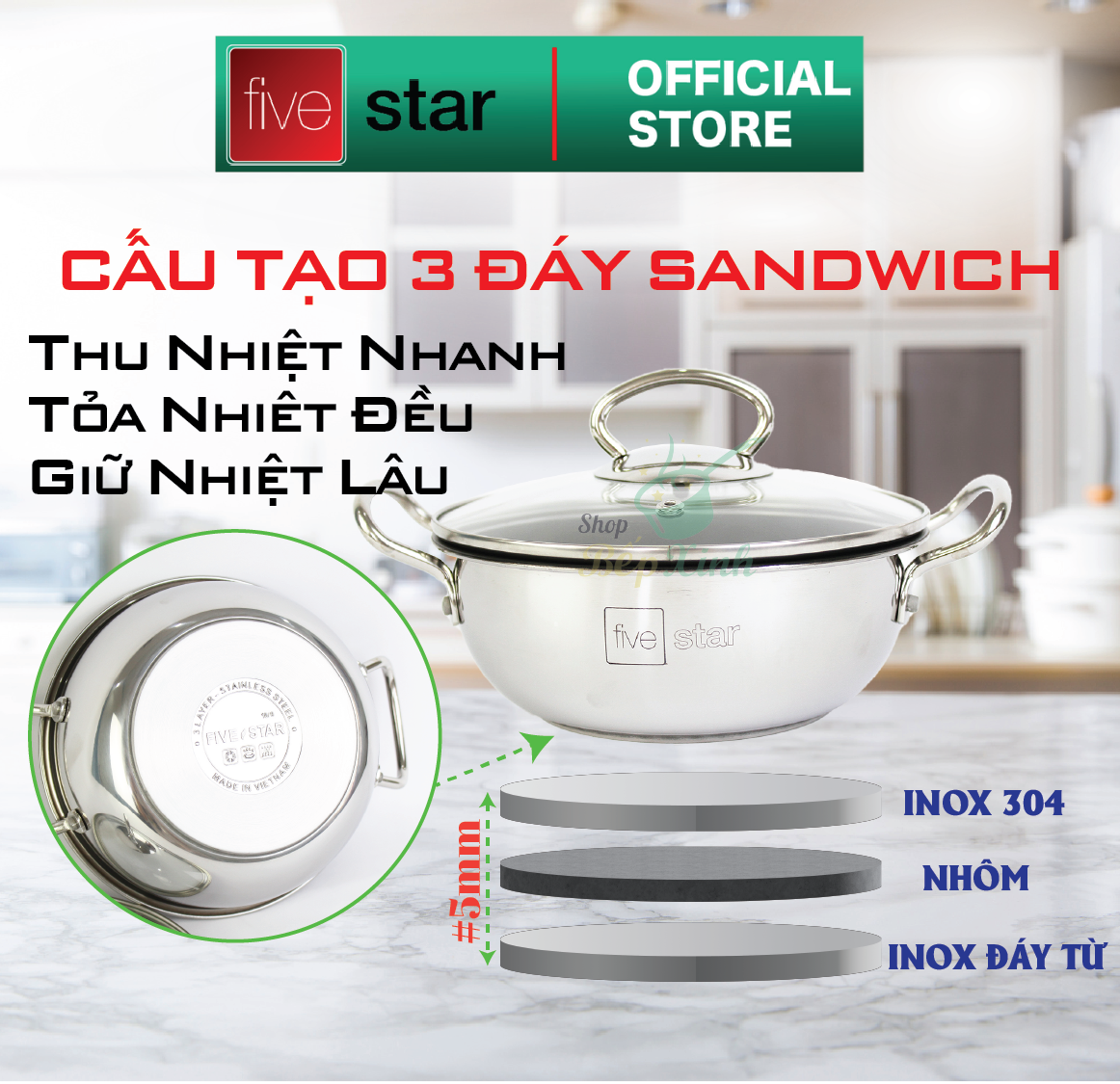 Nồi Kho Cá 3 Đáy Chống Dính 20cm Fivestar ( tặng 2 vá canh)