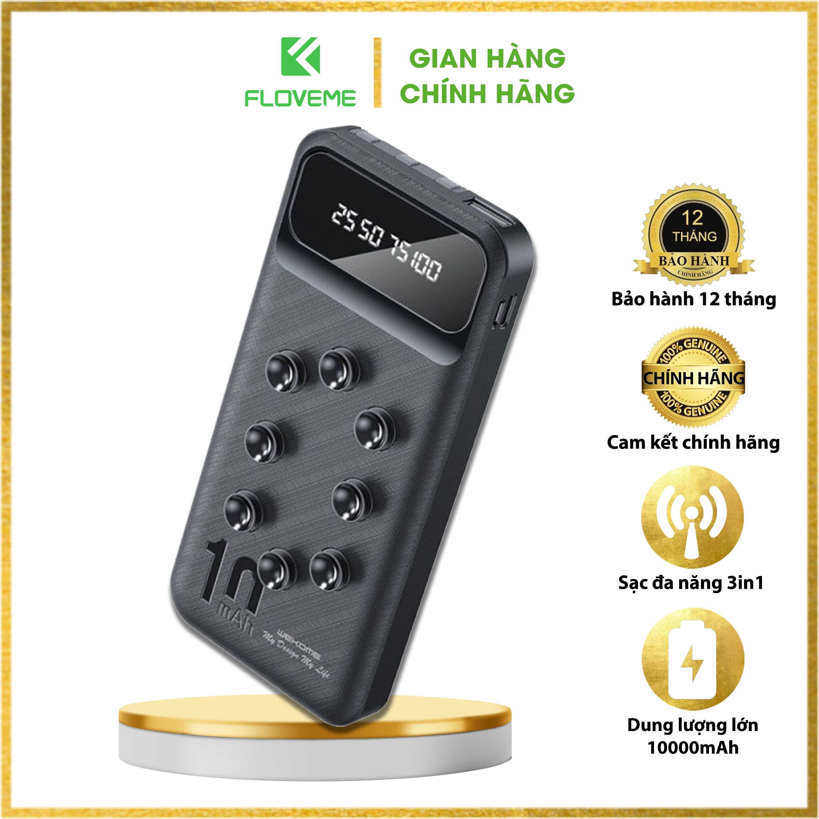 Sạc Dự Phòng 3 in 1 10000mAh FLOVEME  223   Hiển Thị Màn Hình Điện Tử , cắm nhiều thiết bị 1 lúc ,đa chức năng  - Hàng chính hãng