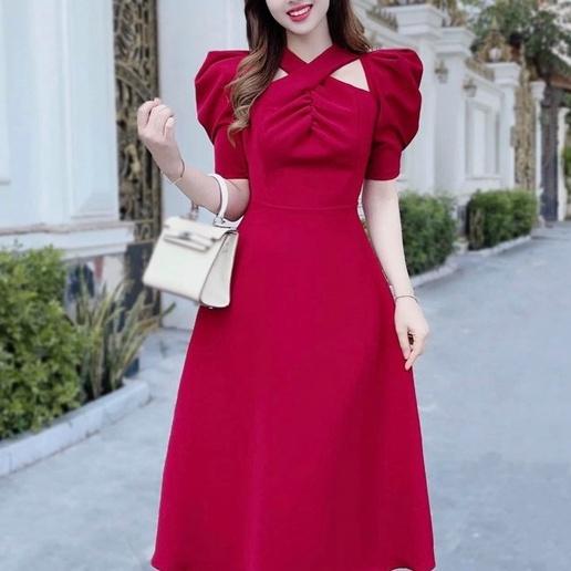 Đầm váy nữ tay bồng cổ chéo dự tiệc màu đỏ quyến rũ