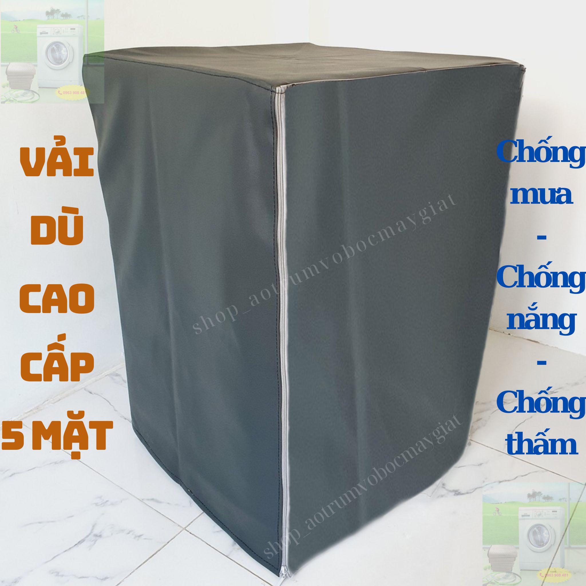 Bao Trùm Bọc Máy Giặt Cửa Ngang Cửa Trước, Bạt Phủ Máy Giặt Vải Dù 2 Lớp 5 Mặt Chống Mưa Nắng