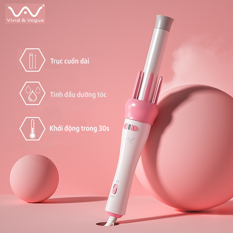 Máy uốn tóc tự động xoăn VIVID&VOGUE®️ VAV022B/Màu Hồng, máy uốn tóc cầm tay có trục uốn 28mm-Hàng chính hãng