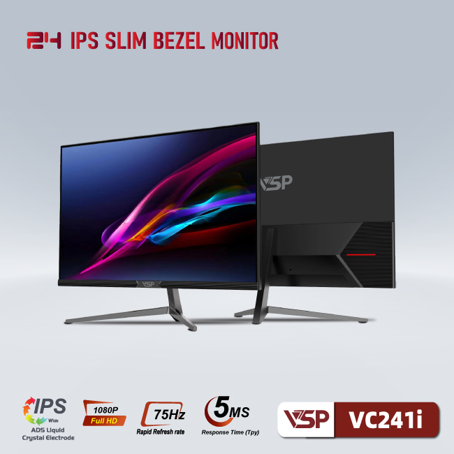 Màn hình máy tính 24inch VSP VC241i [ĐEN] (23.8&quot; IPS FHD 75Hz, HDMI+VGA) - Hàng chính hãng TECH VISION phân phối