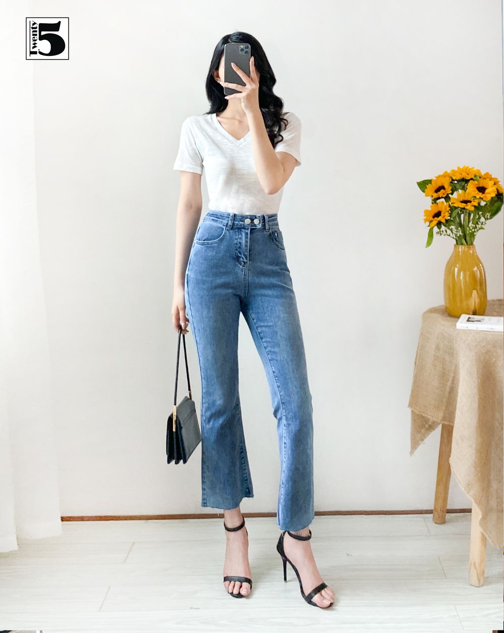 Quần jeans nữ ống loe lưng cao cạp 2 cúc co dãn Twentyfive 3787