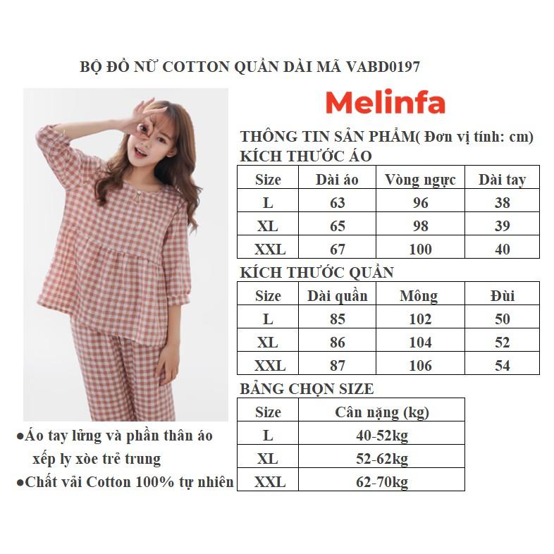 Bộ đồ ngủ nữ, bộ Pyjamas mặc nhà nữ cổ tròn tay lửng, quần dài chất cotton lụa tự nhiên phong cách trẻ trung mã VABD0197