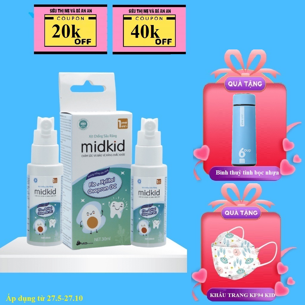 Combo 2 hộp Xịt chống sâu răng Midkid, chăm sóc và bảo vệ răng cho bé từ 1 tuổi (30ml)