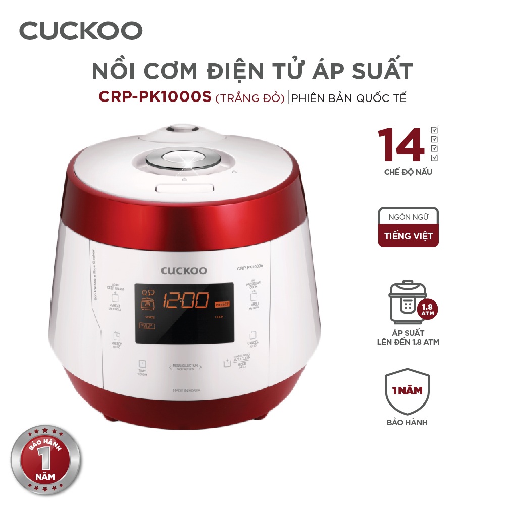 Nồi cơm điện áp suất Cuckoo CRP-PK1000S 1,8 lít nhiều màu - Hàng chính hãng - TRẮNG ĐỎ