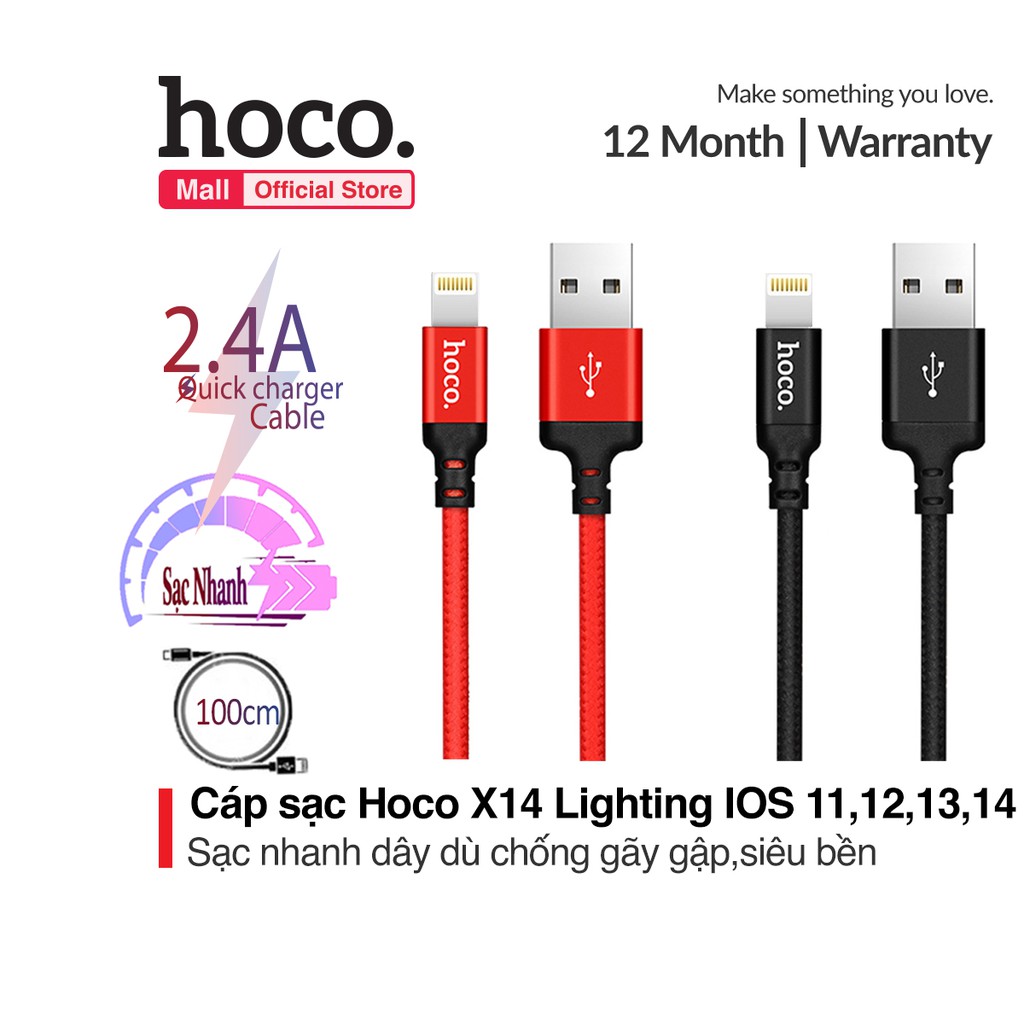 Cáp Sạc truyền dữ liệu 2.4 chống dối, dây dù dành cho Iphone,Ipad Hoco X14 Giao màu ngẫu nhiên- Hàng chính hãng