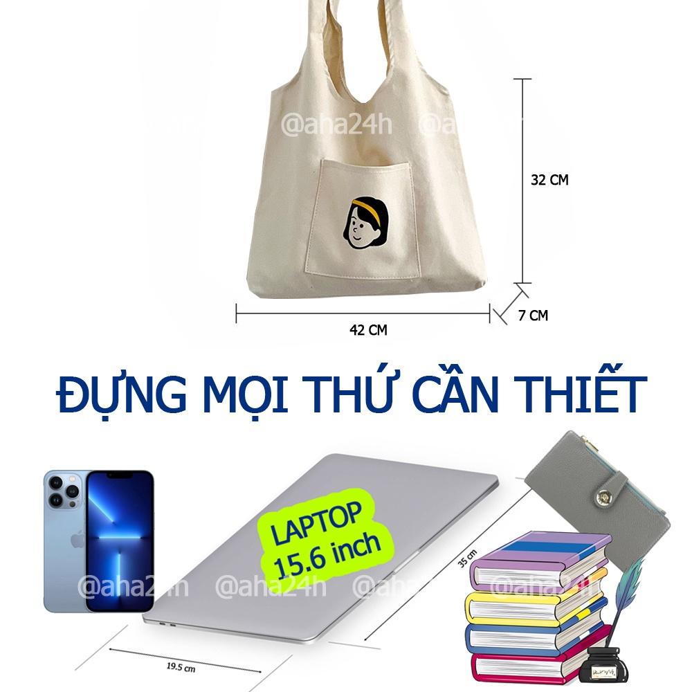 Túi tote vải canvas đi học đi chơi có túi nhỏ xinh in Girl băng đô AH1635