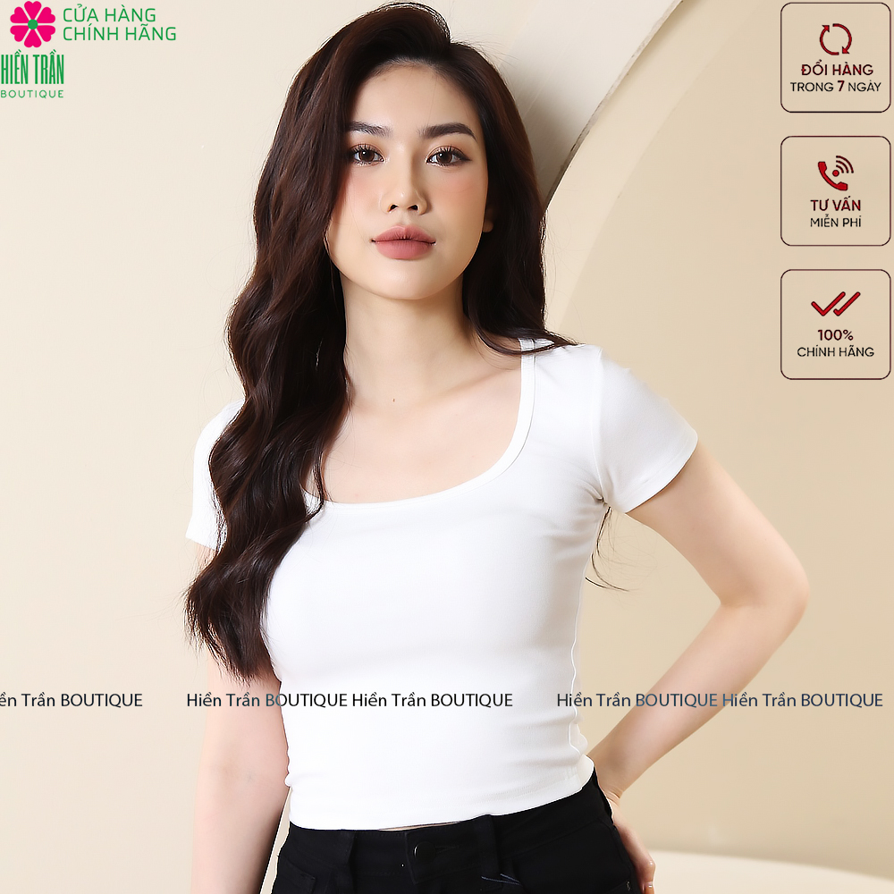 Áo croptop Hiền Trần BOUTIQUE cổ vuông cộc tay vải thun ôm body crotop nữ cotton co giãn tốt