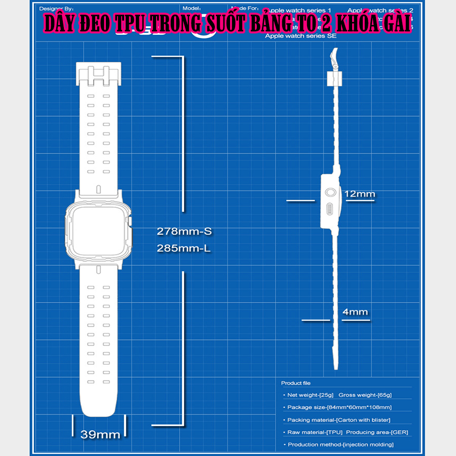 Dây đeo liền ốp dành cho Apple Watch 7/6/5/4/3/2/1 size 38/40/41/42/44/45mm TPU trong suốt bản to 2 khóa gài - nhiều màu (tặng cường lực dẻo theo size)