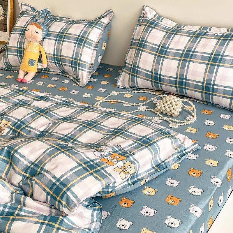 Bộ chăn ga gối Cotton Poly M2T bedding Family gấu, vỏ chăn mền, drap giường và 2 vỏ gối