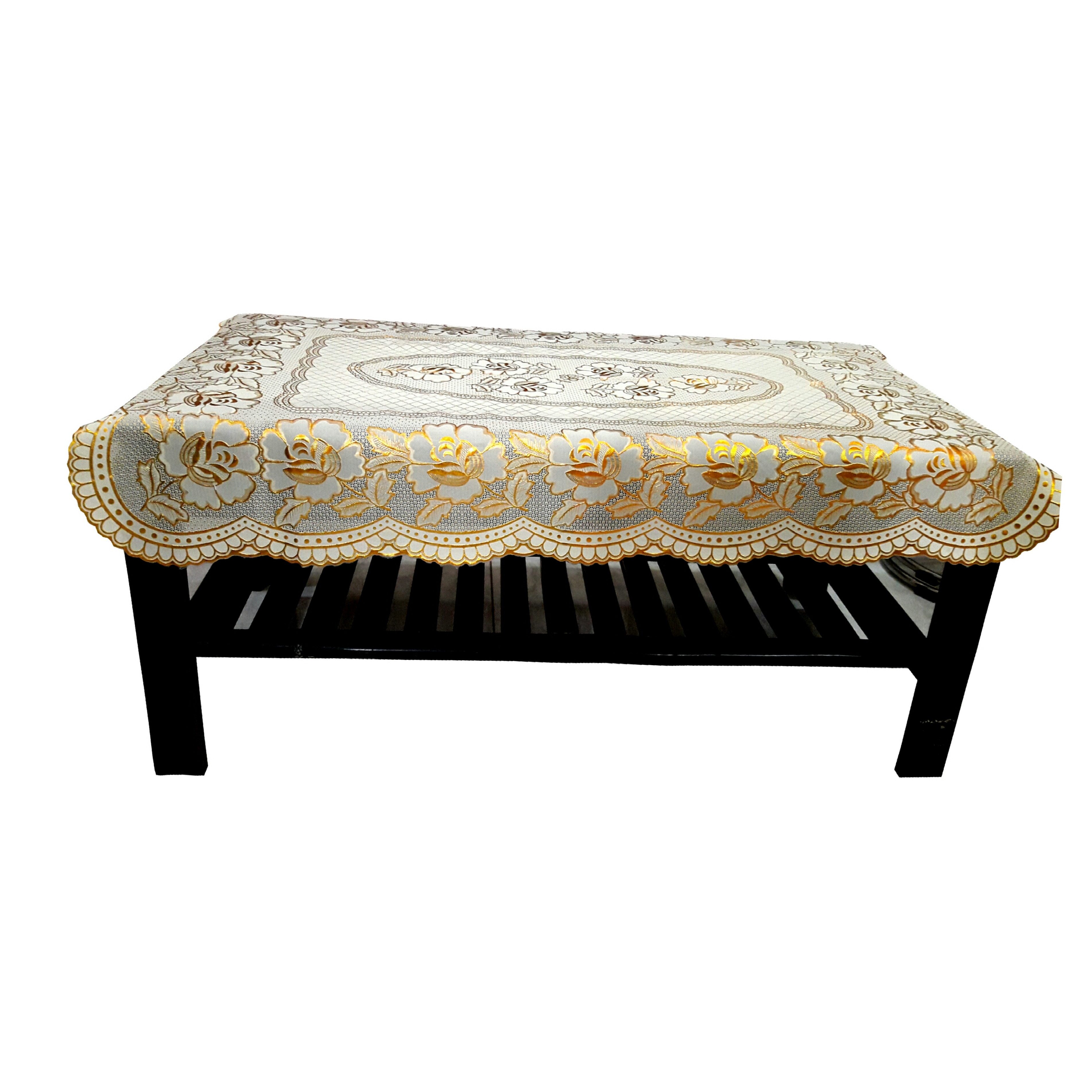 Khăn Trải Bàn FY 105BH (76 x 122 cm) Phủ Salon-  Nền Kem - Họa Tiết Hoa Hồng - Phun Nhủ Vàng - Không Thấm Nước