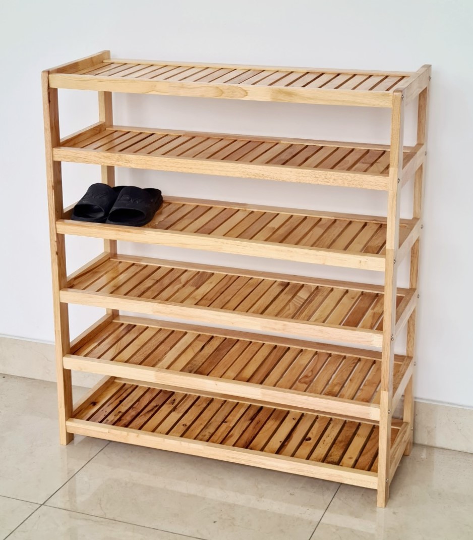 Kệ Giày Gỗ Cao Su 6 Tầng Ngang 83cm Nan Nghiêng - Hàng VN Xuất Khẩu