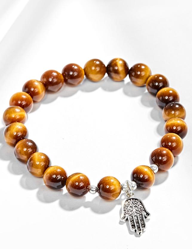 Vòng Tay Đá Mắt Hổ Vàng Nâu Phối Bàn Tay Hamsa Bạc
