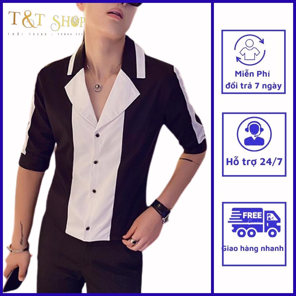 Áo sơ mi nam, Áo sơ mi dài 3/4 cổ chữ V, phối 2 màu chủ đạo đen trắng phong cách hàn quốc, lịch lãm sang trọng. Mã N12