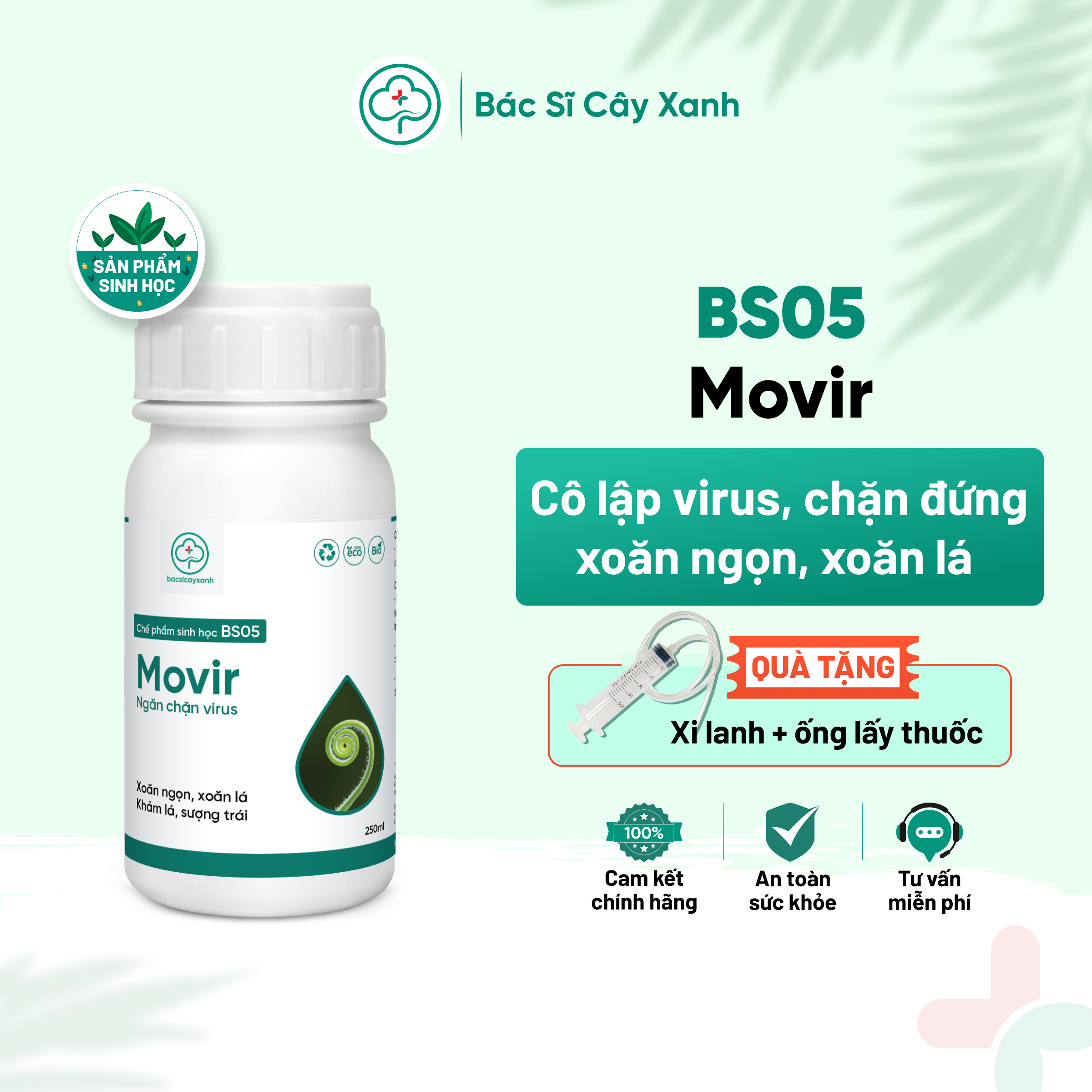 Chế phẩm phòng trị xoăn ngọn, xoăn lá, khảm lá, sượng trái, An toàn sức khoẻ BS05 Movir 100/250ml NSX Bacsicayxanh