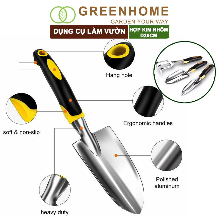 Xẻng Cào Chỉa Làm Vườn D30xr7,5cm Greenhome, Hợp Kim Nhôm Chống Gỉ, Tay Cầm Cao Su Chống Trượt. Tiện Lợi, Dễ Vệ Sinh
