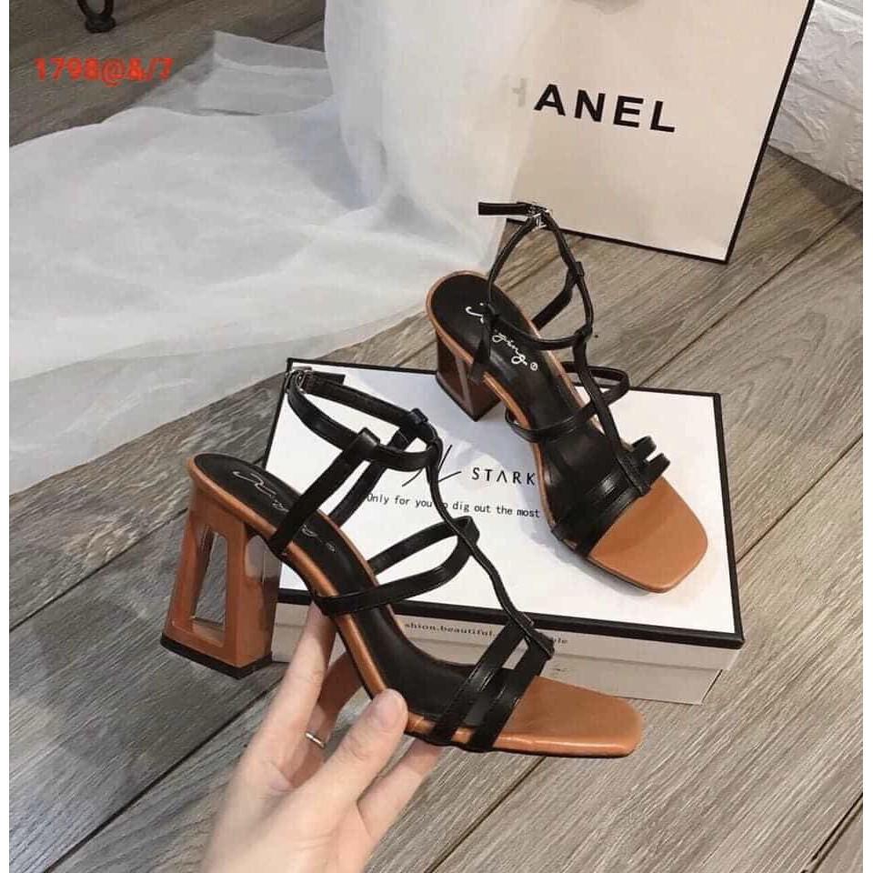 Giày cao gót nữ đế khoét lỗ cá tính, sandal giày cao gót nữ hở mũi chuẩn size 35-40 màu kem và đen gót cao 7p