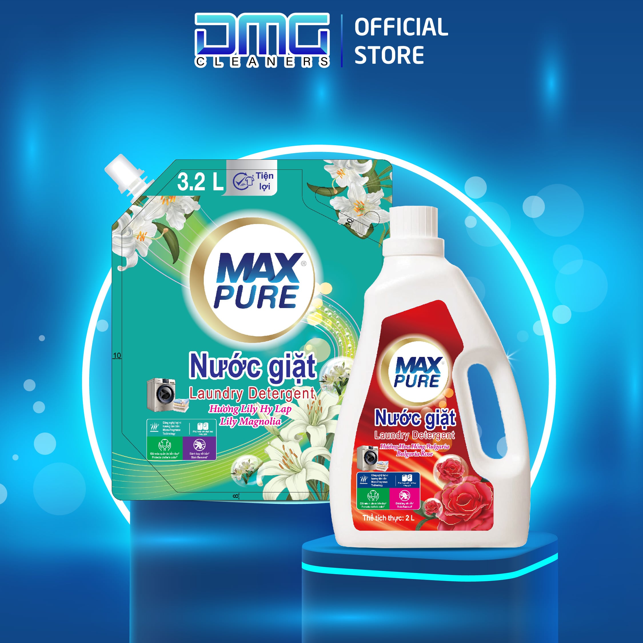 Combo Chai Nước Giặt Maxpure HươngHoa Hồng Bulgaria 3L + Túi Nước Giặt Hương Lily Hy Lạp 3.2L