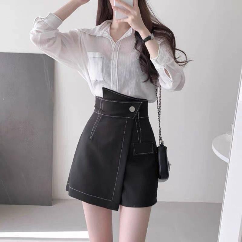 Chân váy viền chỉ nổi cạp chéo - quần giả váy lưng cao phong cách Hàn Quốc Kanimi