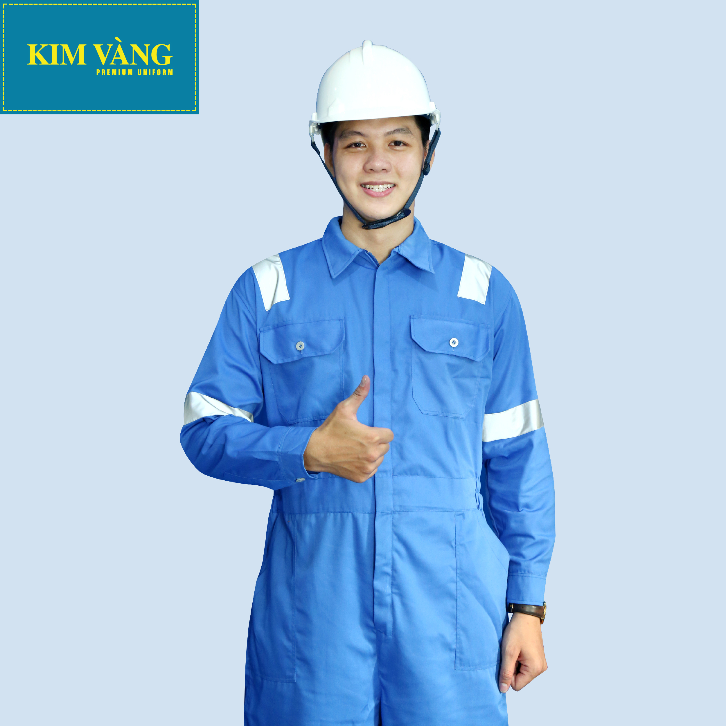 Bộ áo liền quần công nhân dầu khí đồng phục bảo hộ lao động chất liệu Kaki TC cao cấp - Màu xanh nhạt