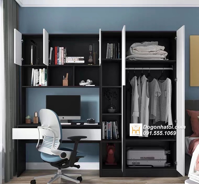 Tủ quần áo liền bàn học gỗ MDF 2m x 2m - TA219