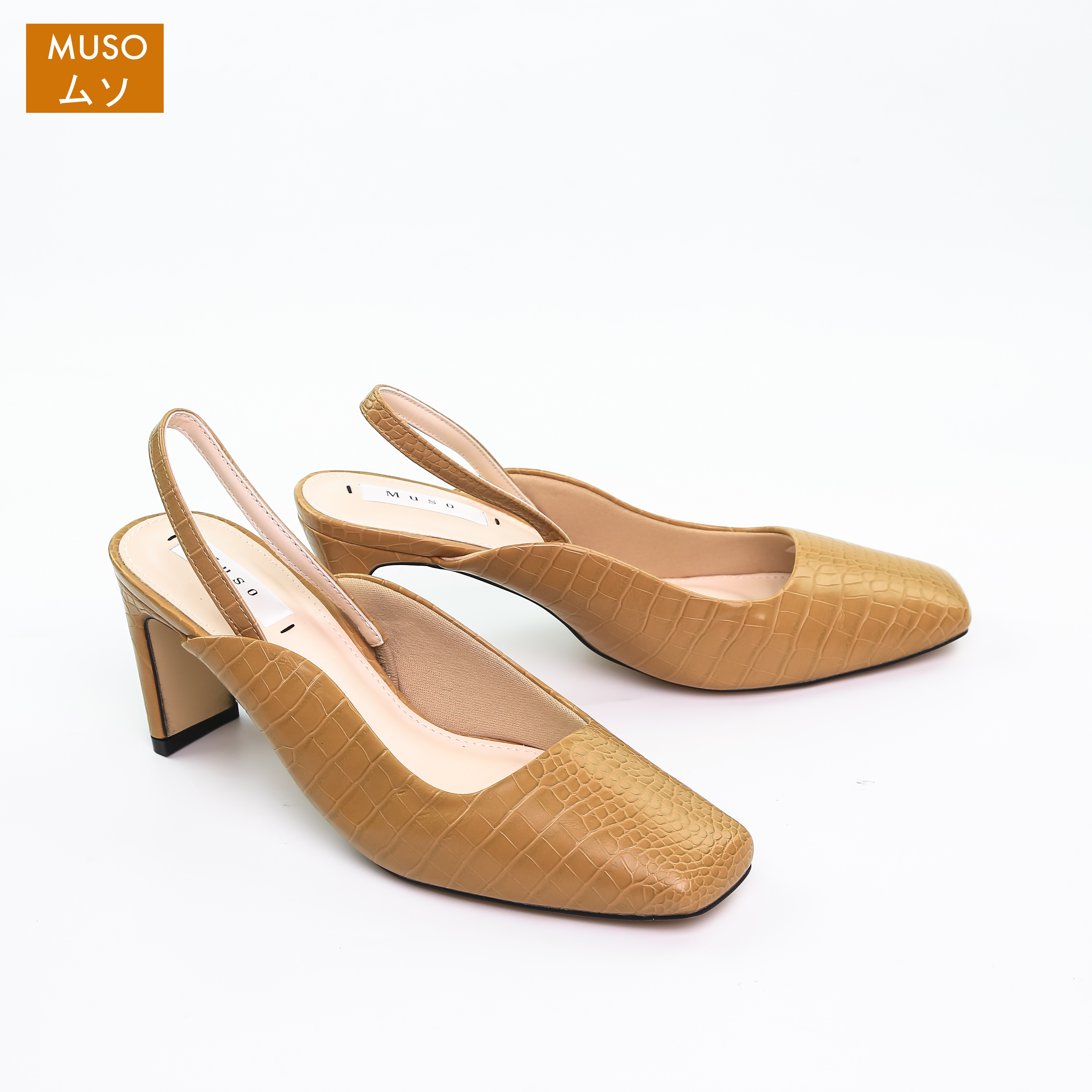 Giày Cao Gót 7cm Quai Mềm Slingback Mũi Vuông Da Vân Rắn MUSO GCGMS007 - Hàng Chính Hãng