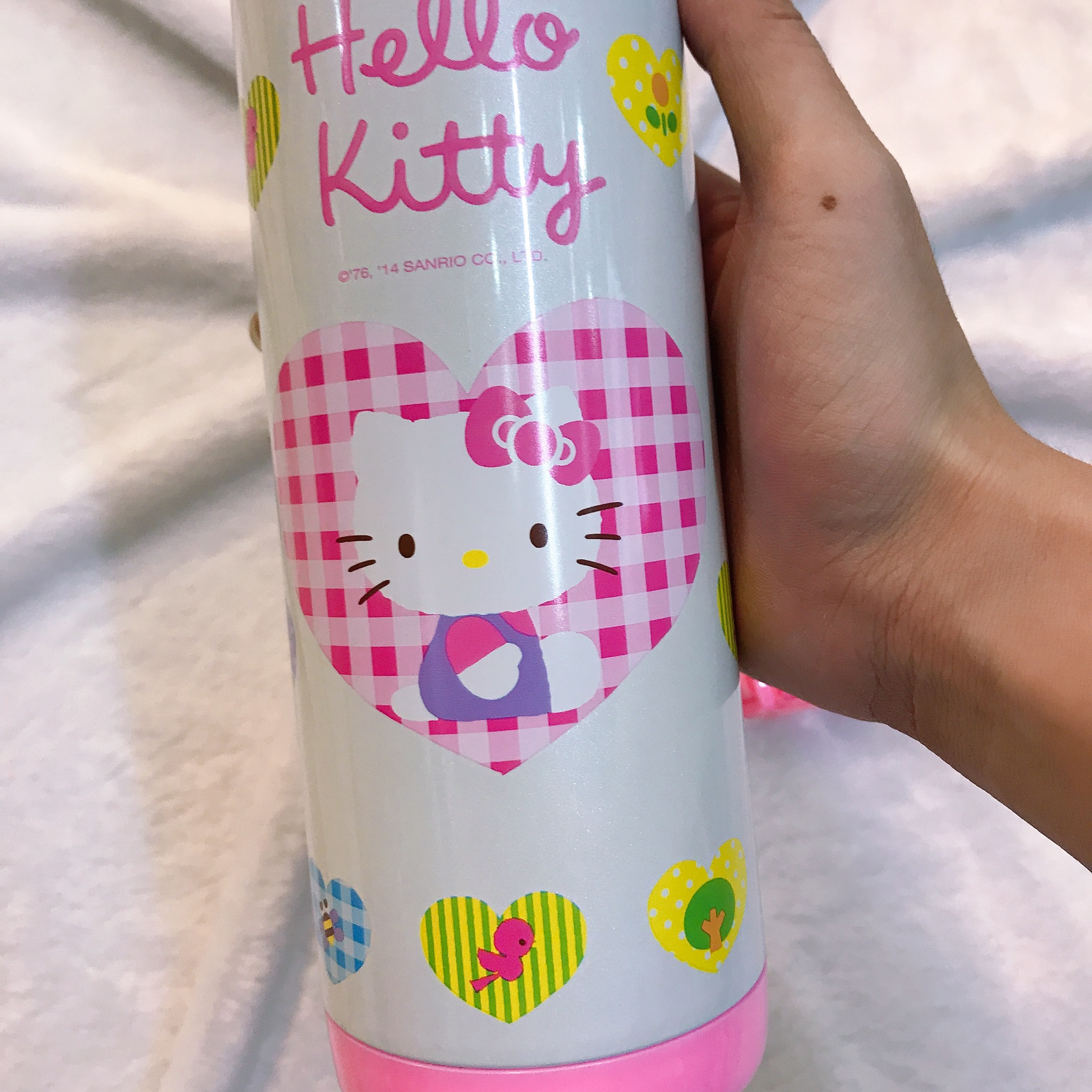 Bình nước giữ nhiệt hình mèo Kitty trái tim caro màu trắng hồng cho trẻ em, bé gái -  - KT3655TR