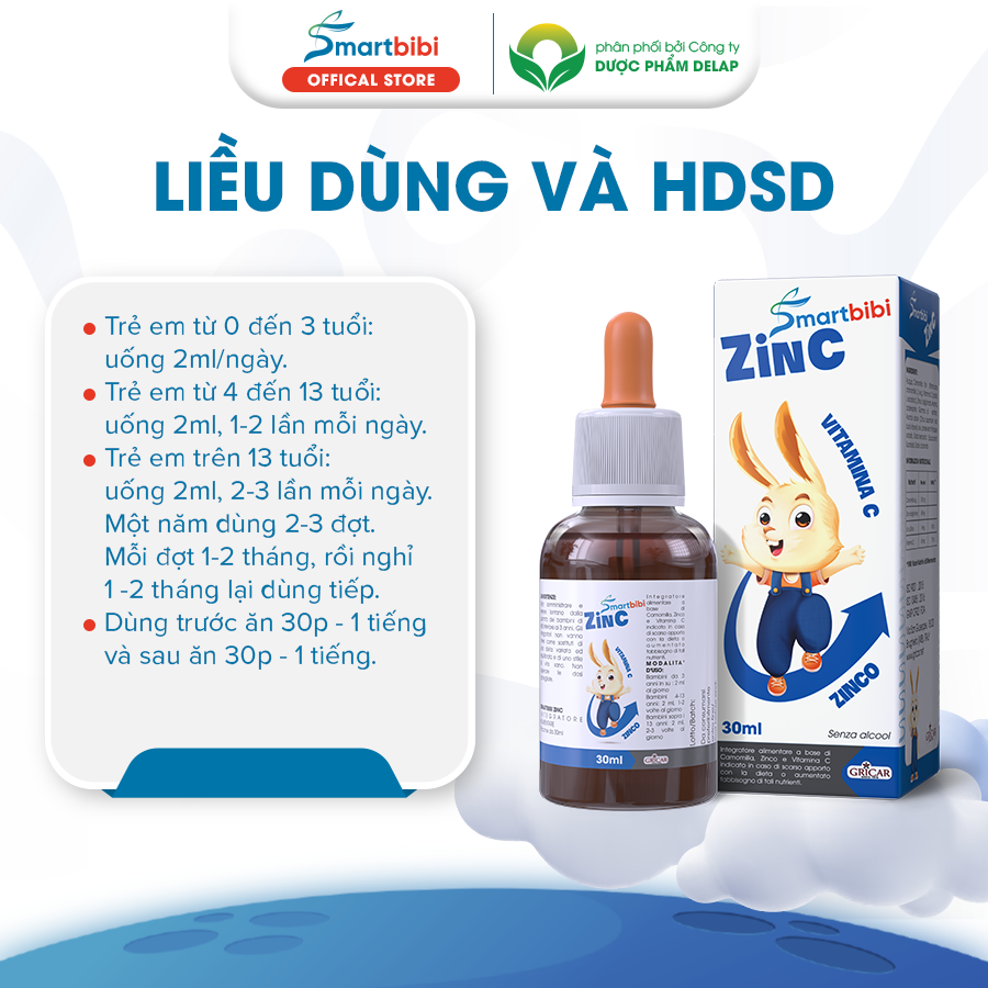 Smartbibi ZINC siro bổ sung Kẽm và Vitamin C hỗ trợ tăng đề kháng cải thiện tình trạng biếng ăn, chậm lớn ở trẻ nhỏ 30ml