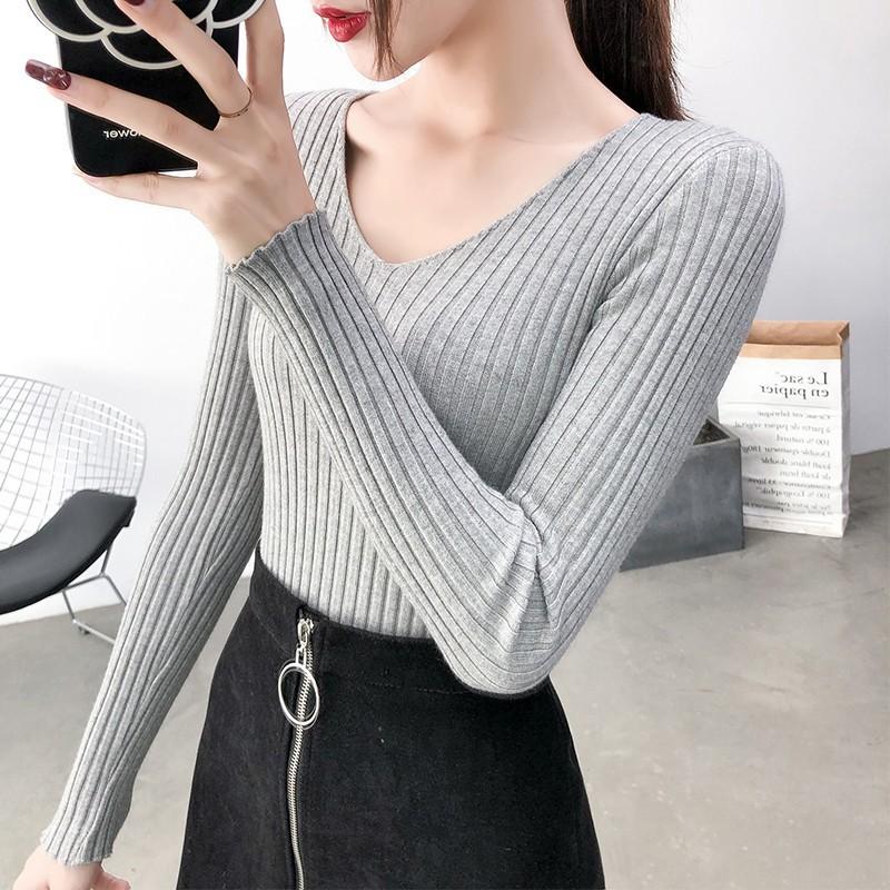Áo len tăm tay dài lông cừu cổ V hàng Quảng Châu nhiều màu