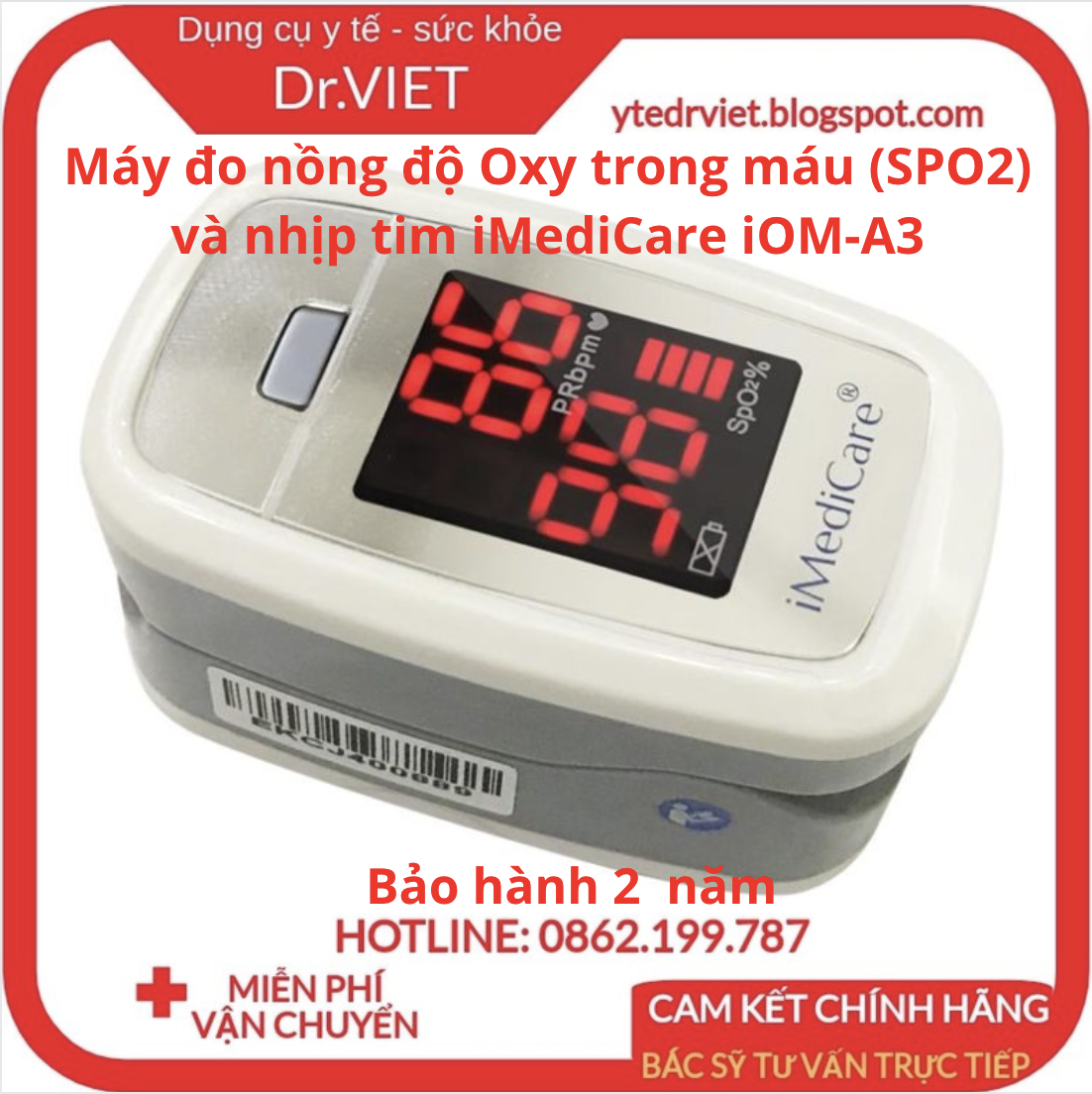 Máy đo nồng độ Oxy trong máu (SPO2) và nhịp tim iMediCare iOM-A3 (Hàng Chính Hãng)