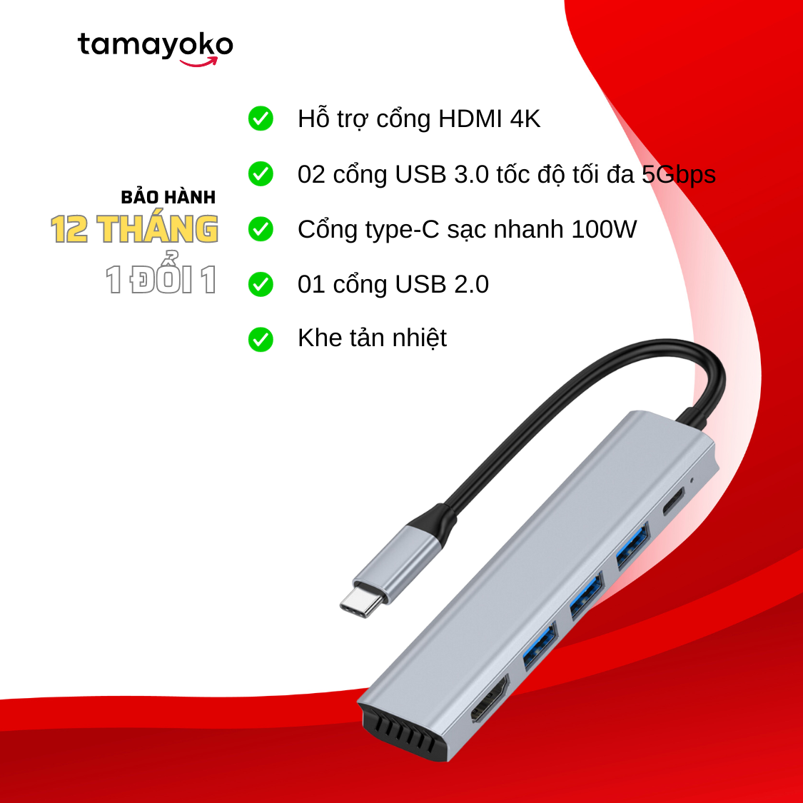 Hub Chuyển Đổi Type C Chia 5 Cổng HDMI / USB 3.0 / USB 2.0 / PD Hỗ Trợ Sạc Nhanh, Có Khe Tản Nhiệt - Hàng Chính Hãng Tamayoko