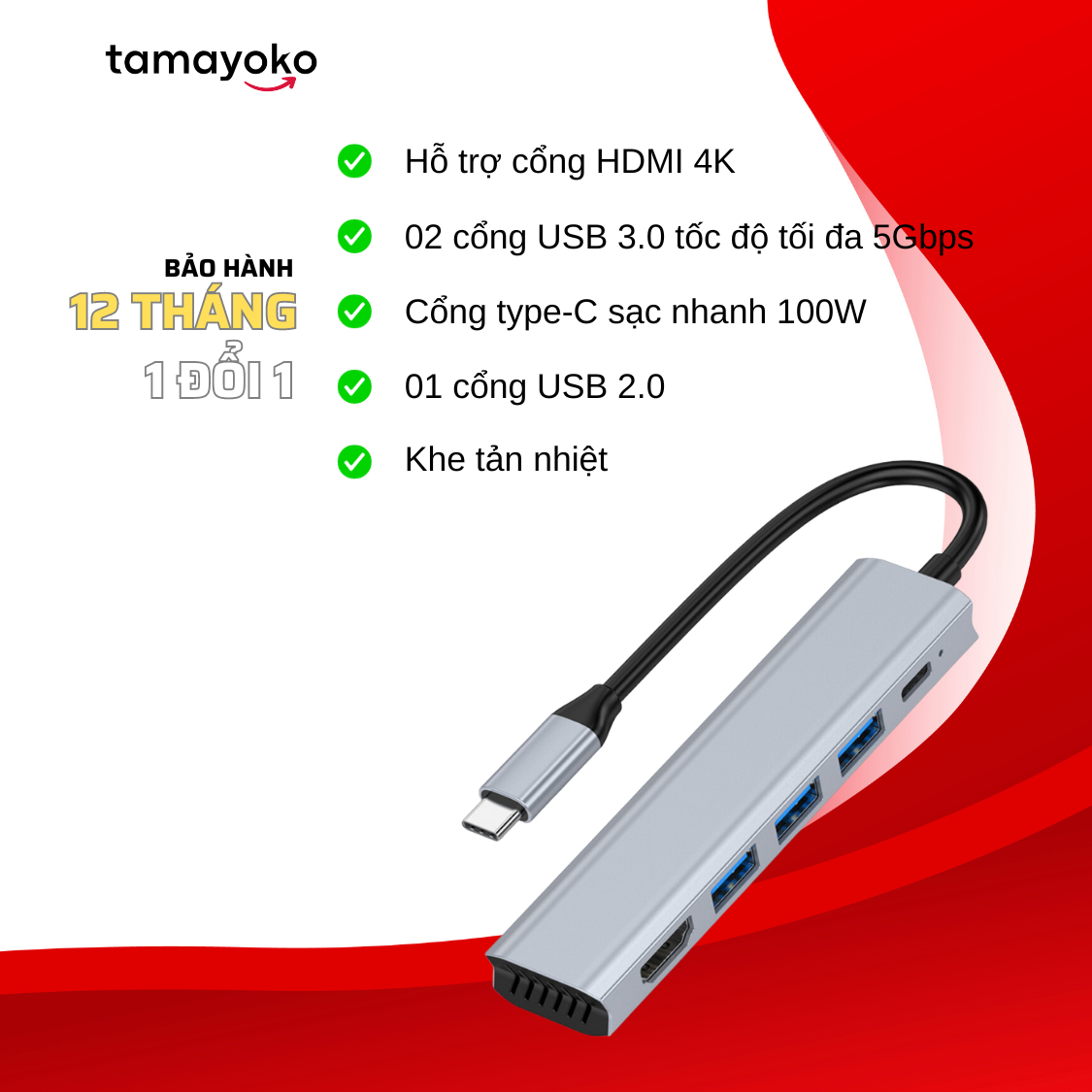 Hub Chuyển Đổi Type C Chia 5 Cổng (5 in 1) HDMI / USB 3.0 / USB 2.0 / PD Hỗ Trợ Sạc Nhanh, Có Khe Tản Nhiệt - Hàng Chính Hãng Tamayoko