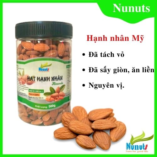 Hạt hạnh nhân Mỹ hữu cơ, đã sấy giòn ăn liền, không tẩm ướp gia vị Nunuts