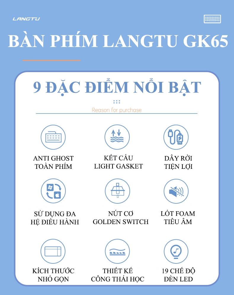 Bàn phím cơ Langtu GK65 Golden Switch với thiết kế mini 65 phím kết nối không dây qua Bluetooth và chip USB 2.4GHz có 19 chế độ LED cực đẹp - Hàng Chính Hãng