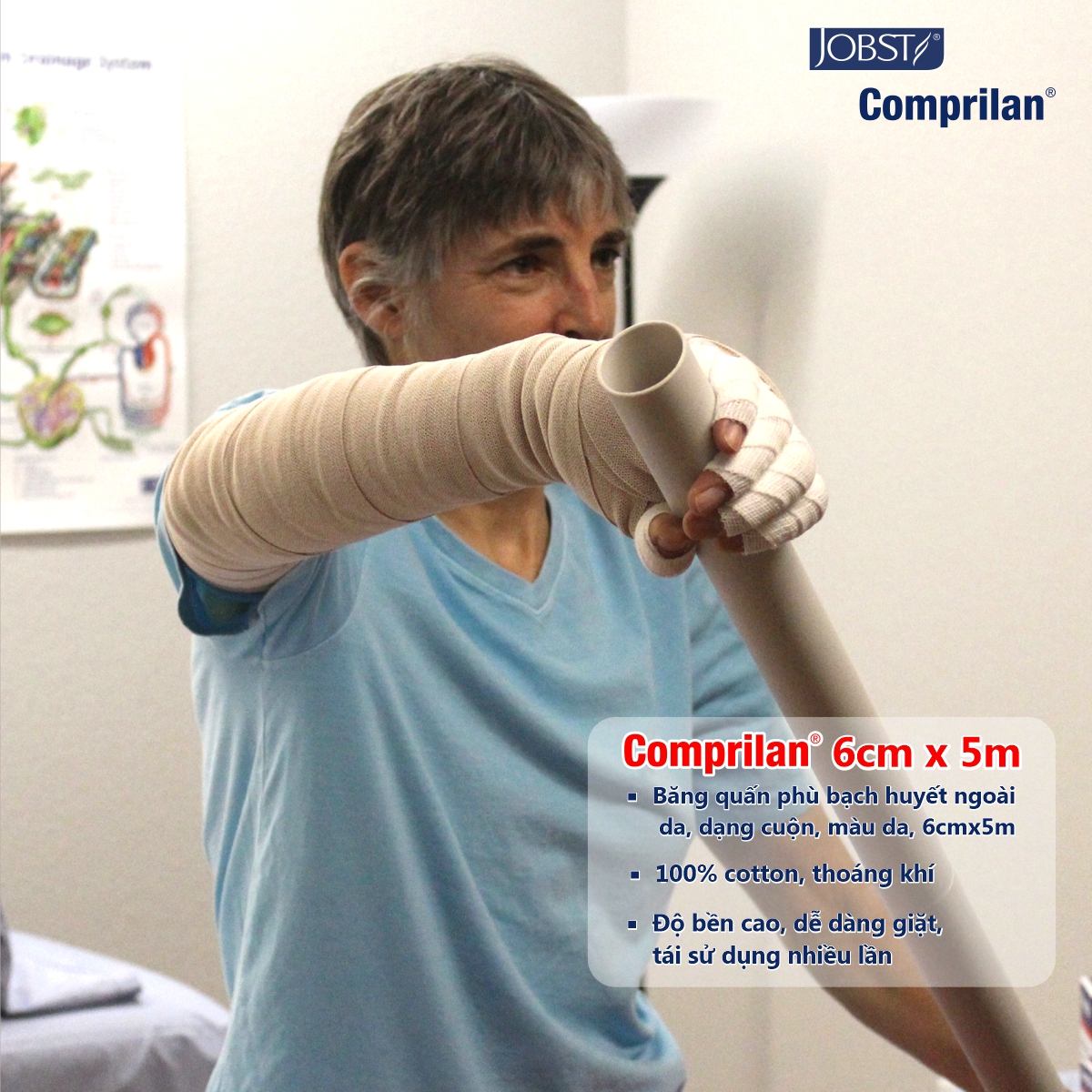 Comprilan - Băng Quấn Phù Bạch Huyết Lớp 3, Dạng Cuộn, Màu Da, Size 6cmx5m