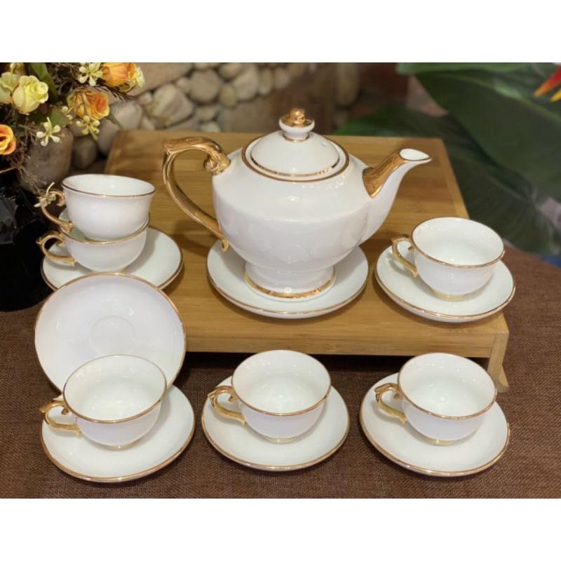 Bộ Ấm Chén Cao Cấp Sứ Trắng Bát Tràng Viền Vàng
