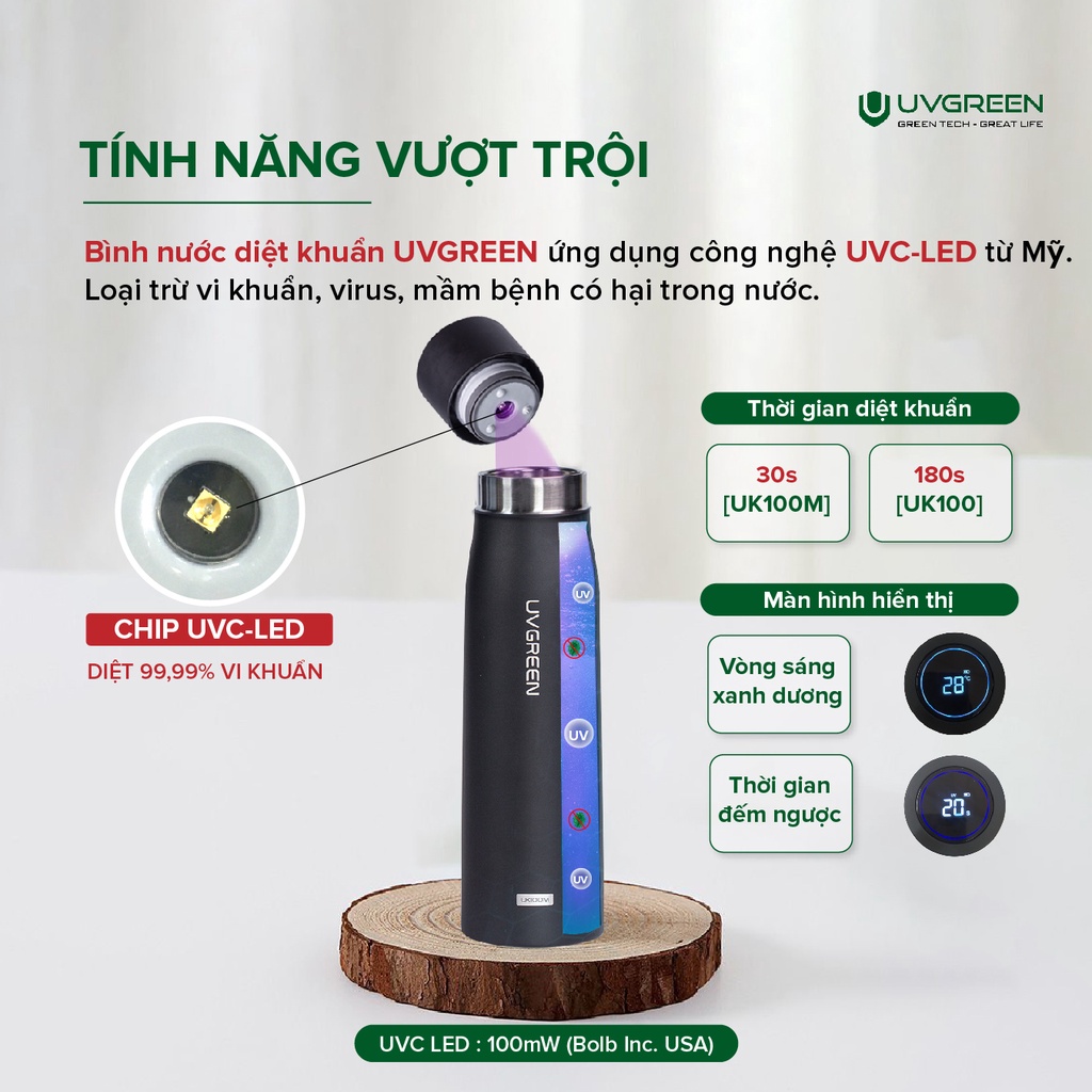 Bình Giữ Nhiệt Diệt Khuẩn UVC LED UK100 UVGREEN 500ml - Hàng Chính Hãng - Công Nghệ Mỹ, Diệt Khuẩn Nước 99,99%, Chất Liệu Inox SUS 316