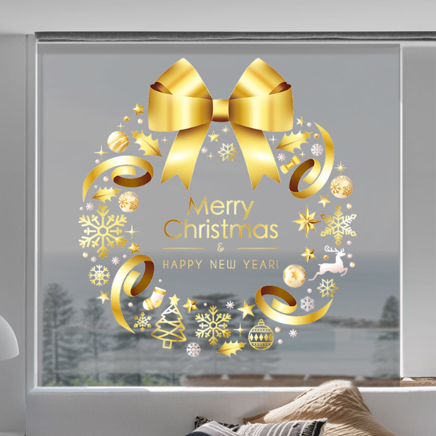 Decal trang trí Noel hít tĩnh điện - Vòng nguyệt quế nơ ánh vàng
