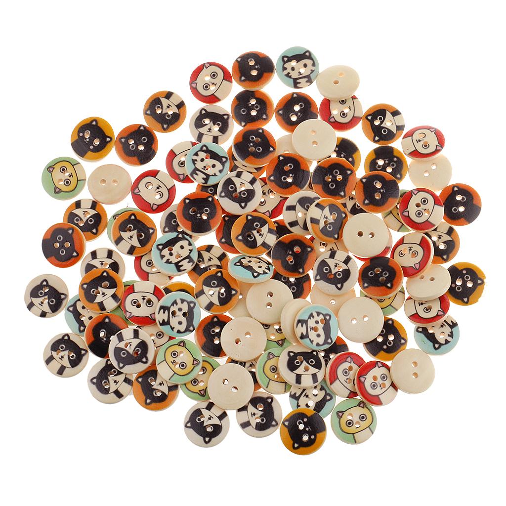 100Pieces Cat Pattern Wooden Round 2 Holes Buttons for Sewing Crafts 15mm