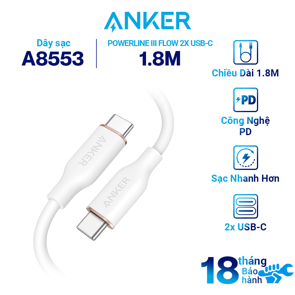 Cáp ANKER Powerline III Flow USB-C To USB-C - A8552 / A8553 - Hàng Chính Hãng