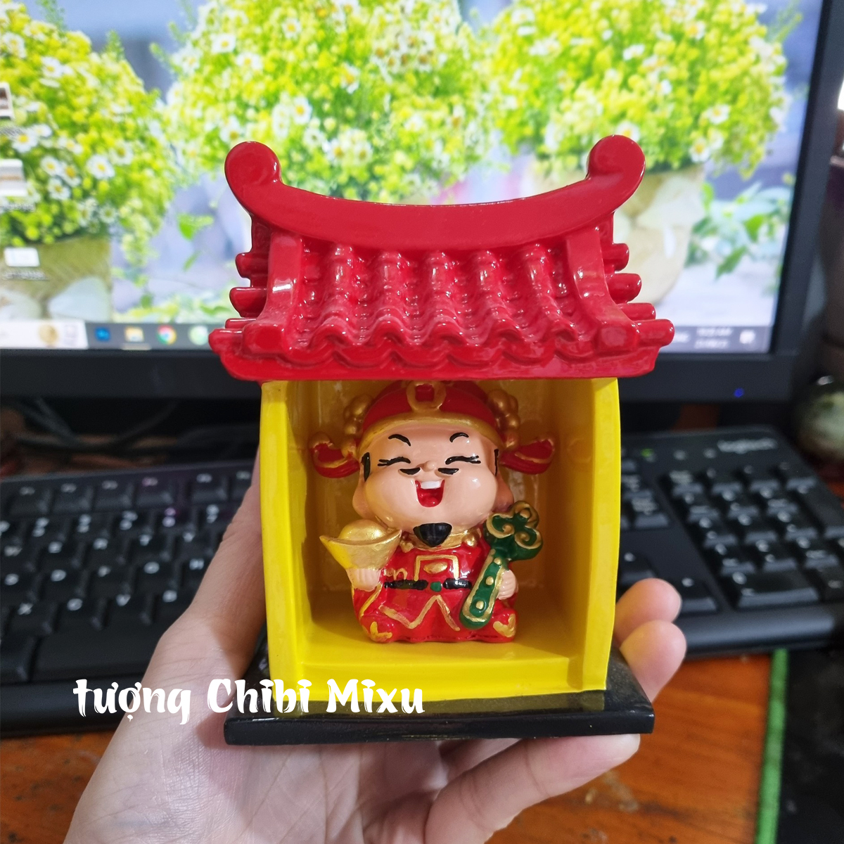 Bộ thờ cúng Miếu Thần.Tài (gồm miếu size đại + tượng Thần Tài 6cm + lư hương + đế size 12cm) mô hình bàn thờ Thần Tài mini