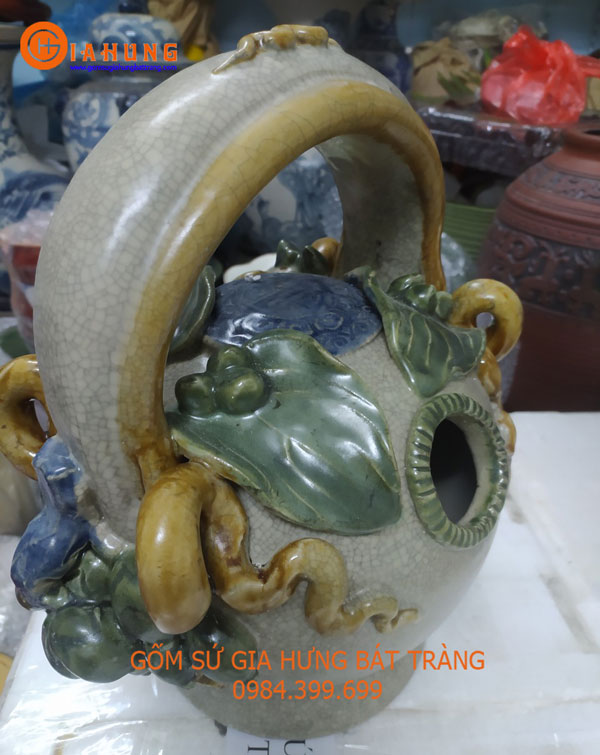 Bình vôi men rạn đắp trầu cau size đại cao 52cm