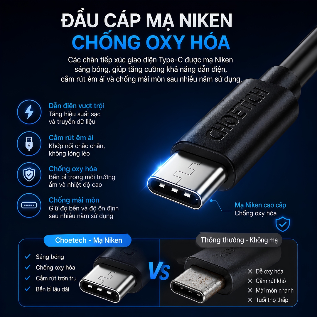 Dây sạc nhanh QC PD 3.0 60W HyperCharge C-Series USB-C to Type C Choetech cho iPhone / iPad 15 16 17 Pro Max Plus Fold - tiêu chuẩn CE, FCC, RoHS, 480Mbps | CHIP E-MARKER THÔNG MINH - Hàng nhập khẩu