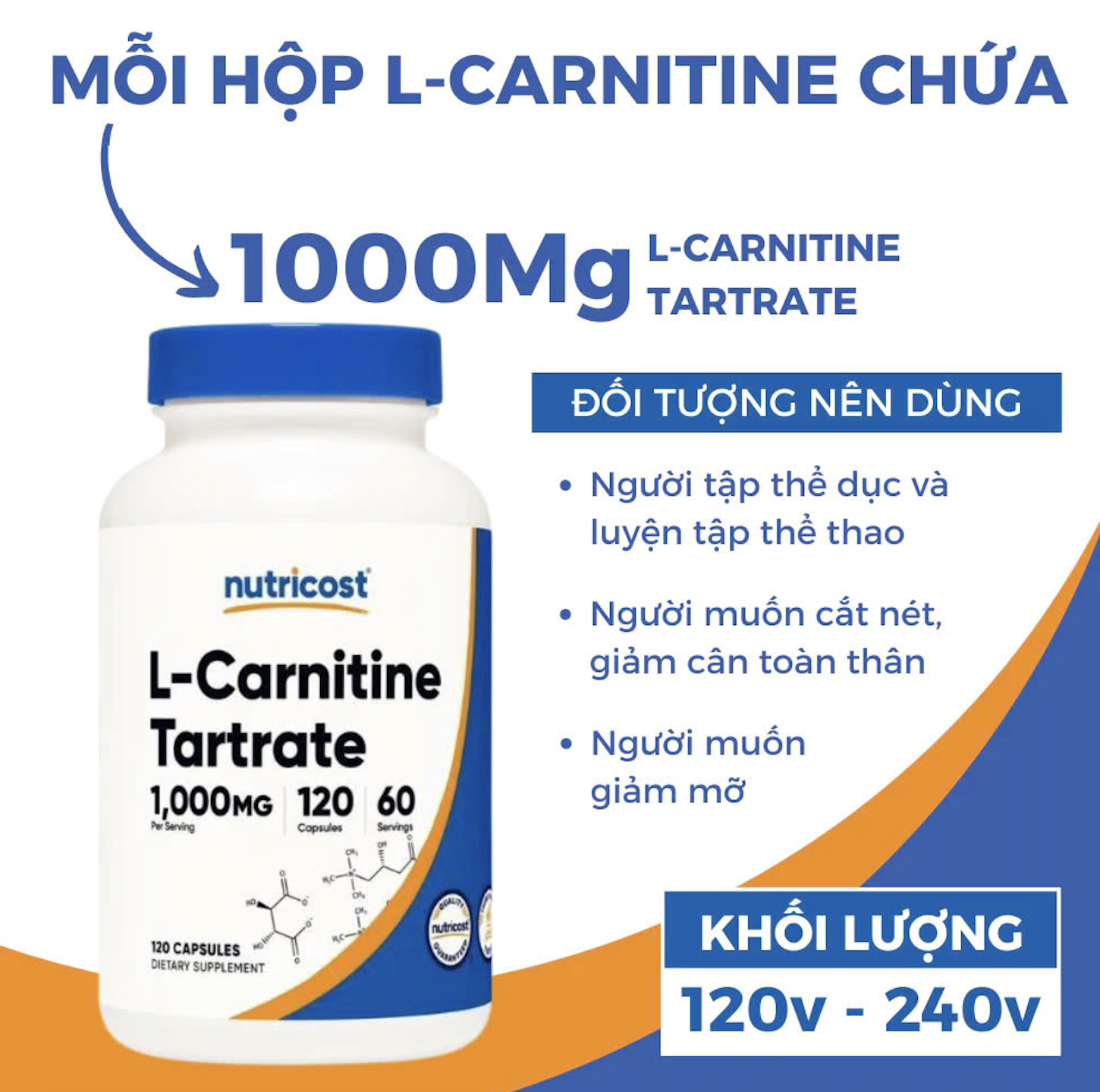 Viên Uống Giảm Mỡ Nutricost L-Carnitine Tartrate (1000mg), Hỗ Trợ Đốt Mỡ, Bổ Sung Năng Lượng