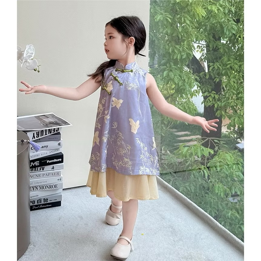 Váy Cách Tân Cổ Tàu Dáng Suông Họa Tiết Bướm Tím 1-8 Tuổi Dành Cho Bé Gái