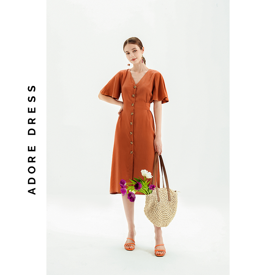 Đầm midi Dresses thô mềm cam cháy hàng khuy sừng 311DR2048 ADORE DRESS