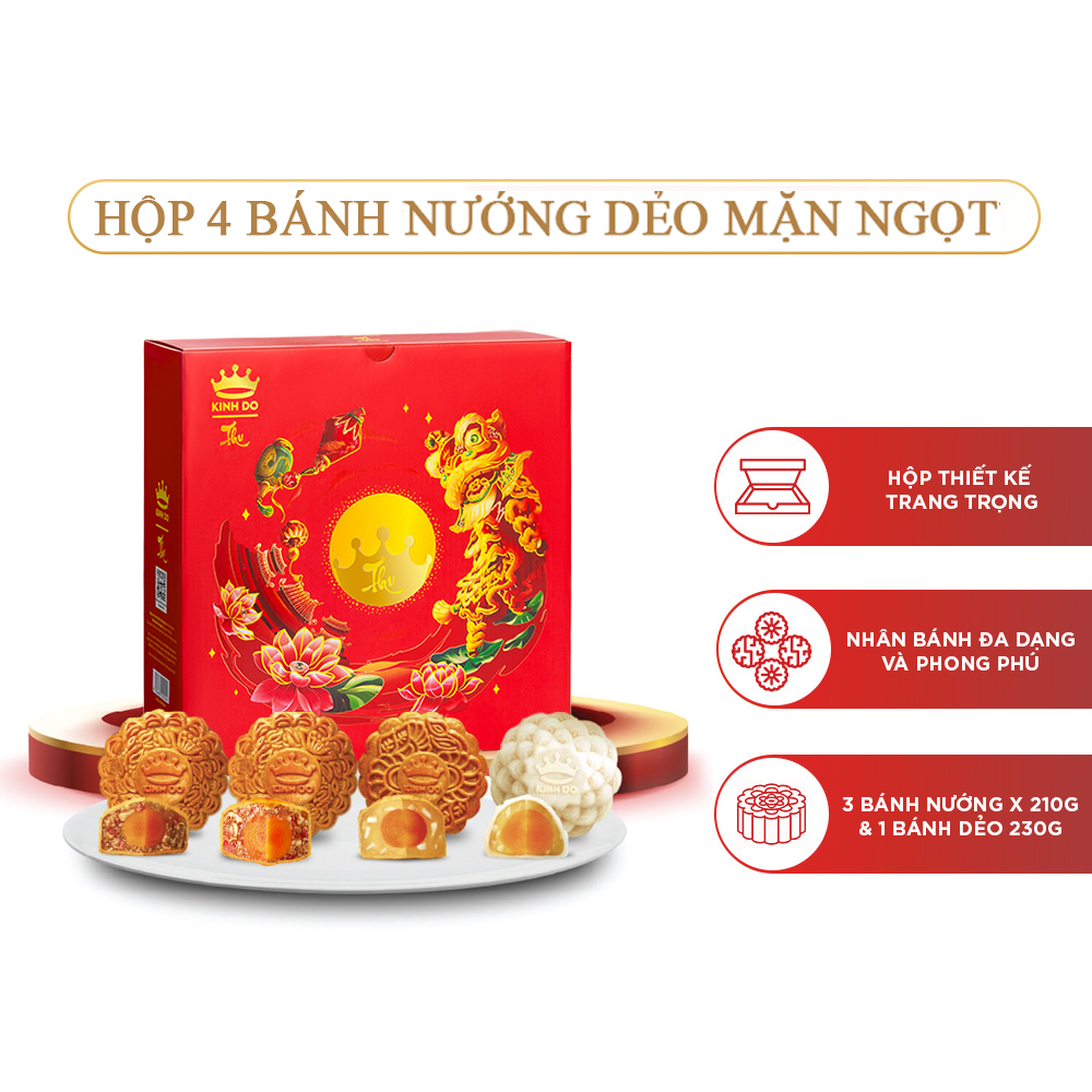 Tặng lồng đèn giấy - Hộp 4 bánh trung thu Kinh Đô &quot;Nướng Dẻo Mặn Ngọt&quot; (3 bánh x 210g + 1 bánh x 230g)