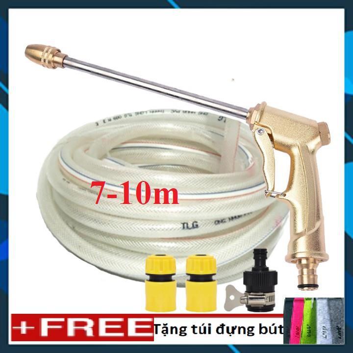 ️ Bộ dây vòi xịt nước rửa xe, tưới cây , tăng áp 3 lần, loại 7m, 10m 206701-3 đầu đồng,cút+ túi đựng bút